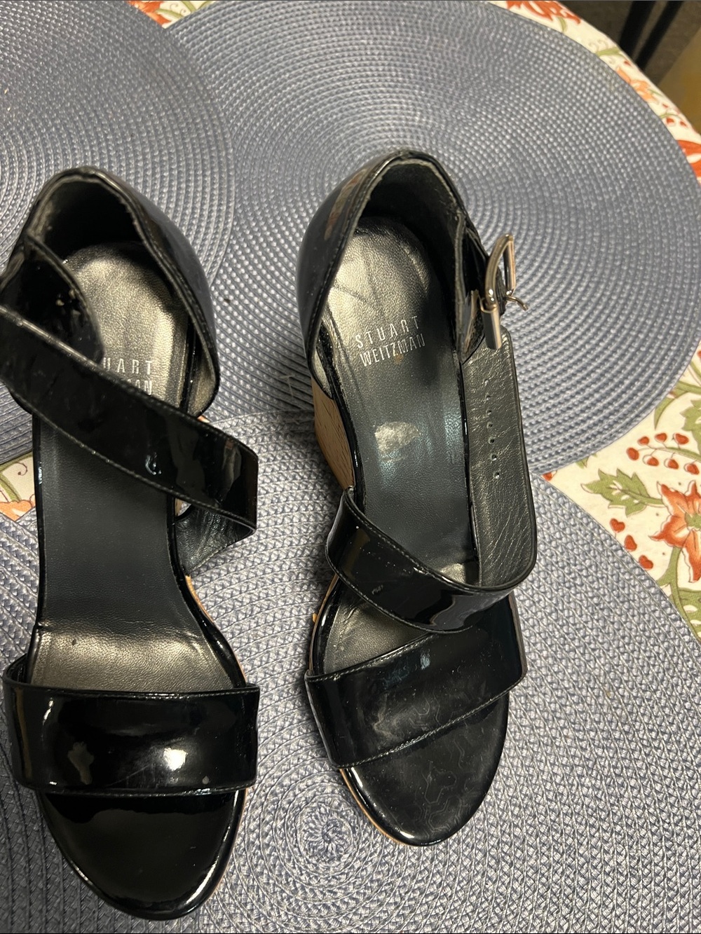 Stuart Weitzman Black Patent Leather Strappy Wedge Sandals with Ankle Buckle